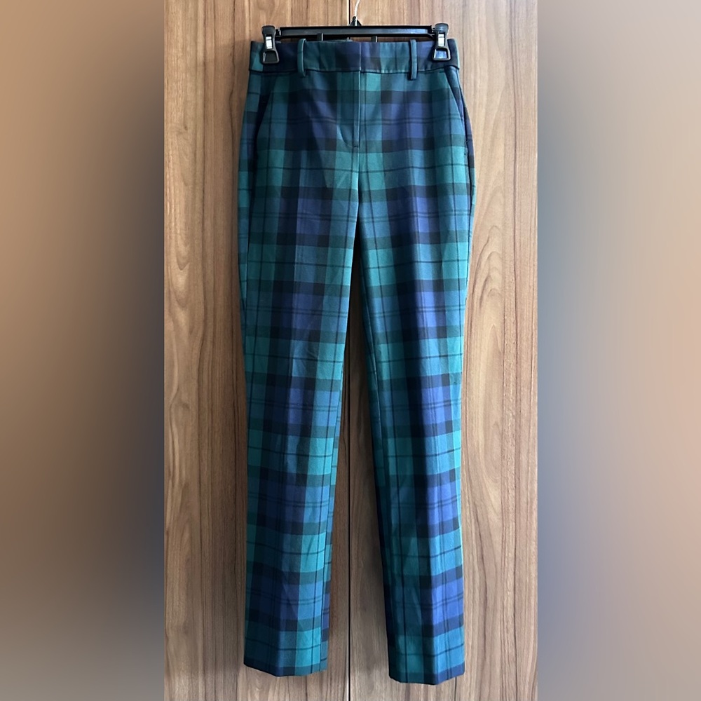 J. Crew Black Watch Plaid Green & Navy Blue Full Length Ruby Pants Size 00